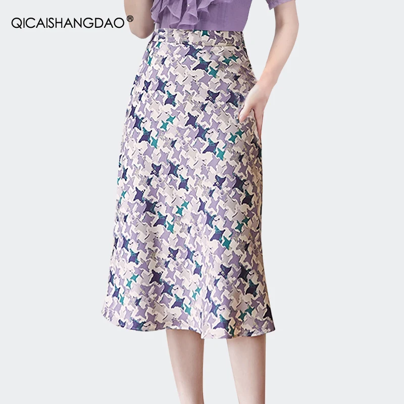 

Fashion Office Ladies Satin Printed Pencil Skirt Women 2022 Summer New Elegant High Waist Vintage Casual Midi Skirts