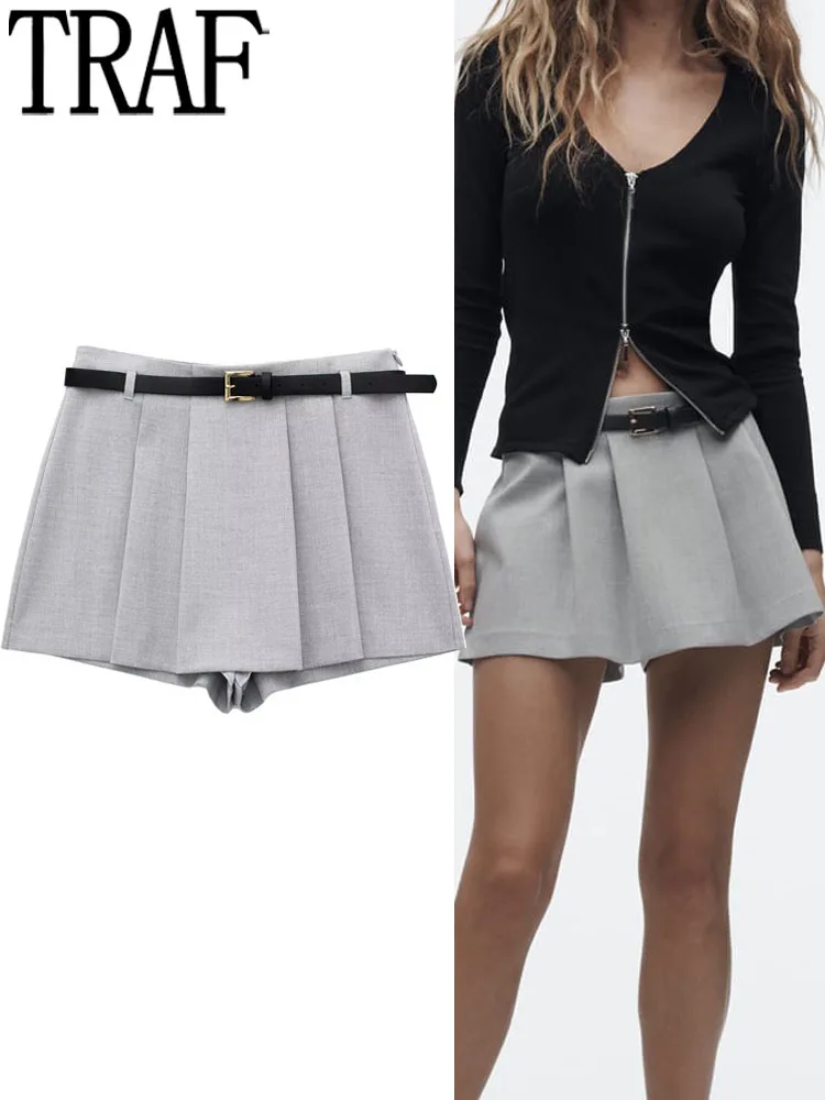 

TRAF Pleated Mini Skirt Shorts Woman Fashion Mid-Waist Skorts For Women Casual Baggy Shorts Y2k Streetwear Loose Women's Shorts