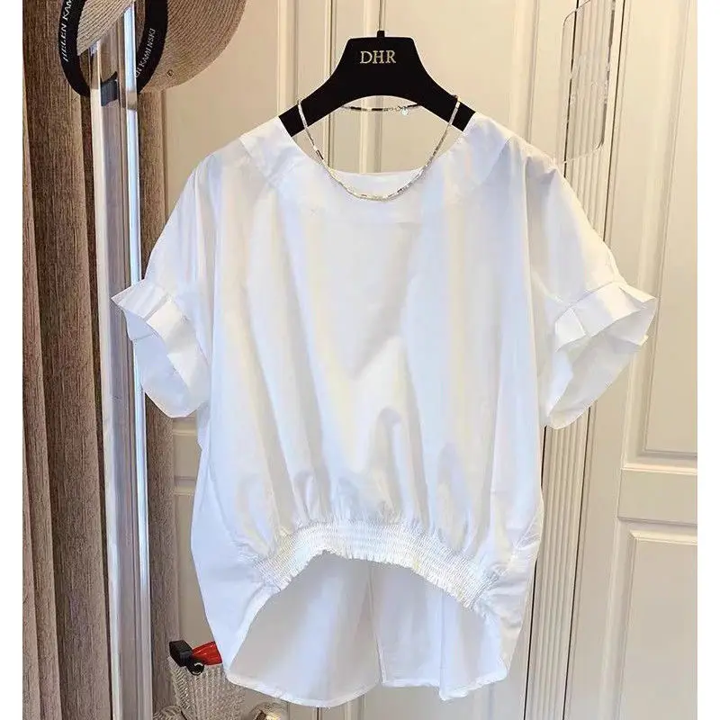 Женская хлопковая блузка оверсайз повседневная однотонная плиссированная с