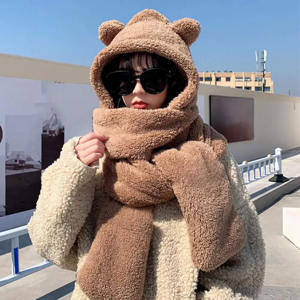 

Windproof Hat Fashionable Women's Winter Plush Hat Set Cute Bear Ear Shape 3-in-1 Scarf Gloves Neck Warmer Solid Color Warm