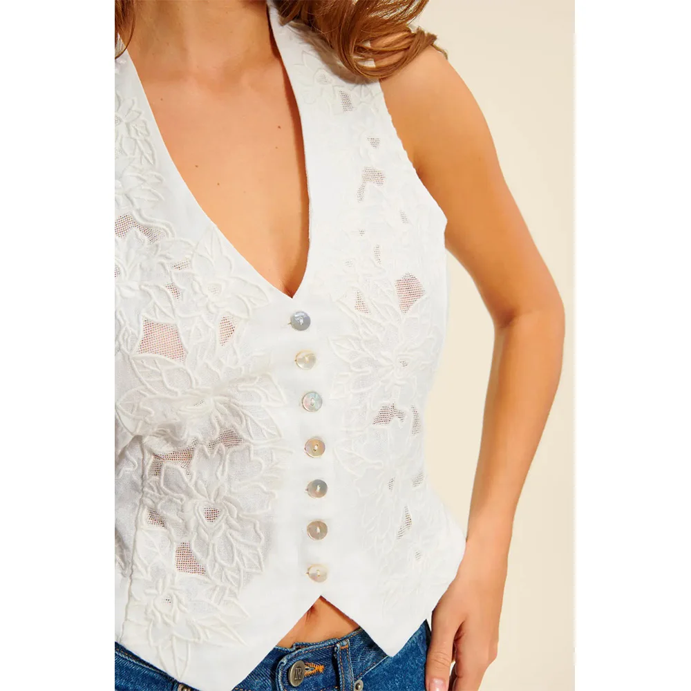 French Rou@e2023 Summer New Solid Color Heavy Embroidery Vest High Waist Embroidered Linen Shorts