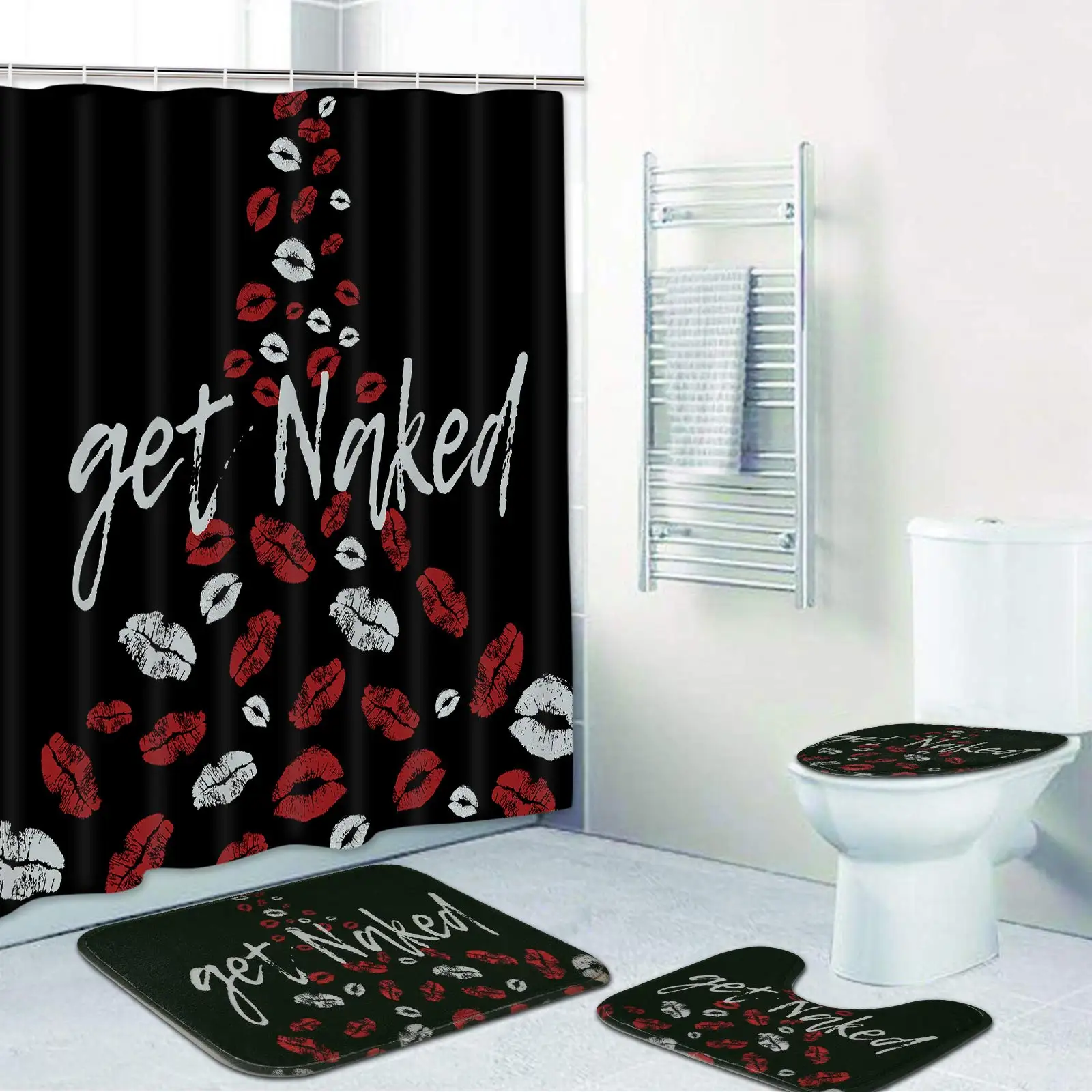Фото Наборы занавесок для душа Get Naked с нескользящим ковриком, крышка для унитаза, коврик для ванной, сексуальные губы, набор занавесок для ванной комнаты, красный поцелуй, водонепроницаемый №3