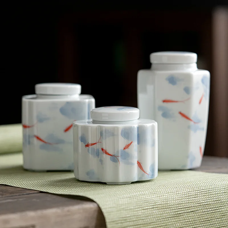 

Hand-painted Fish Play Tea Cans Ceramic Sealed Cans Moisture-proof Cans Household Small Tea Storage Cans Tea Cans Tea Supplies