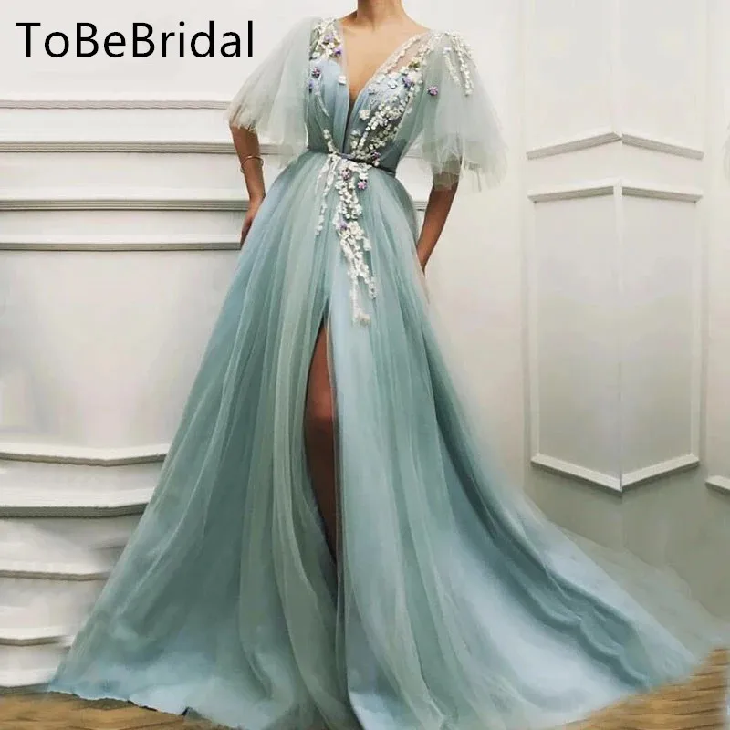 

Женское вечернее платье-трапеция ToBeBridal, светло-зеленое фатиновое платье с аппликацией 3D цветов и коротким рукавом, с Боковым Разрезом, для в...