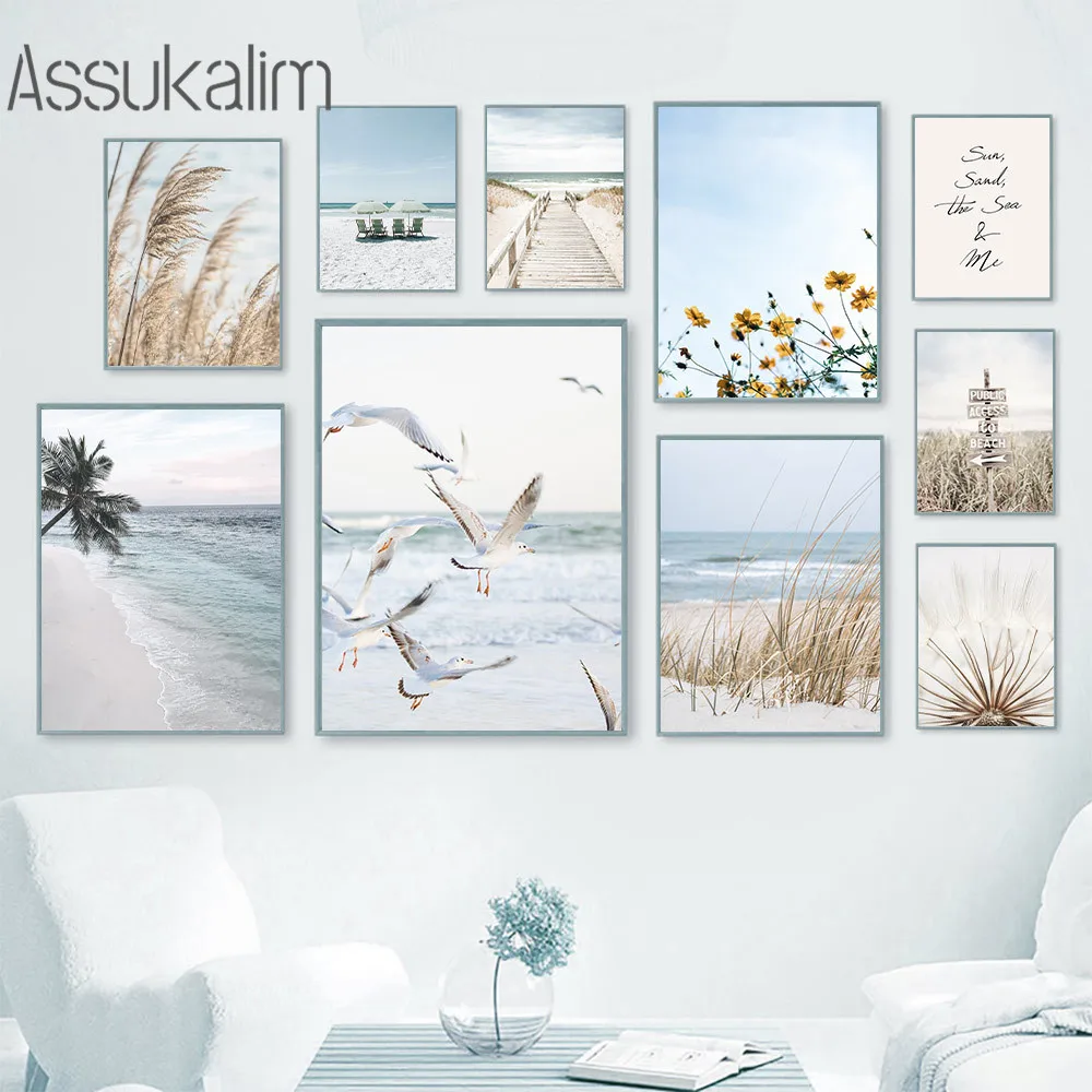 

Summer Beach Wall Art Posters Seagull Print Pictures Hay Posters Mural Blue Seascape Canvas Painting Nordic Poster Home Decor