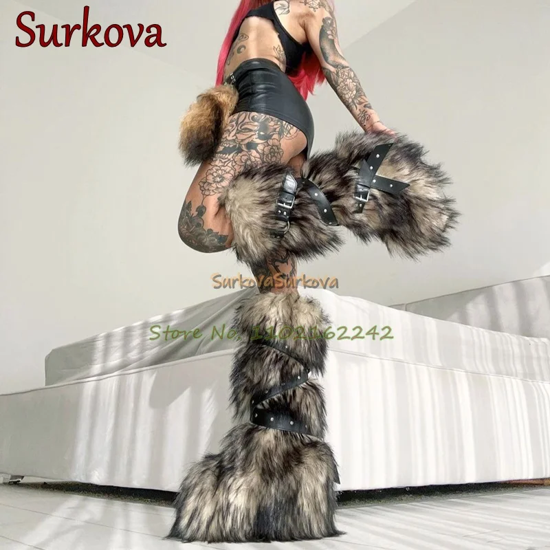 Зимние сапоги на плюшевом меху нескользящие зимние с толстой подошвой и пряжкой