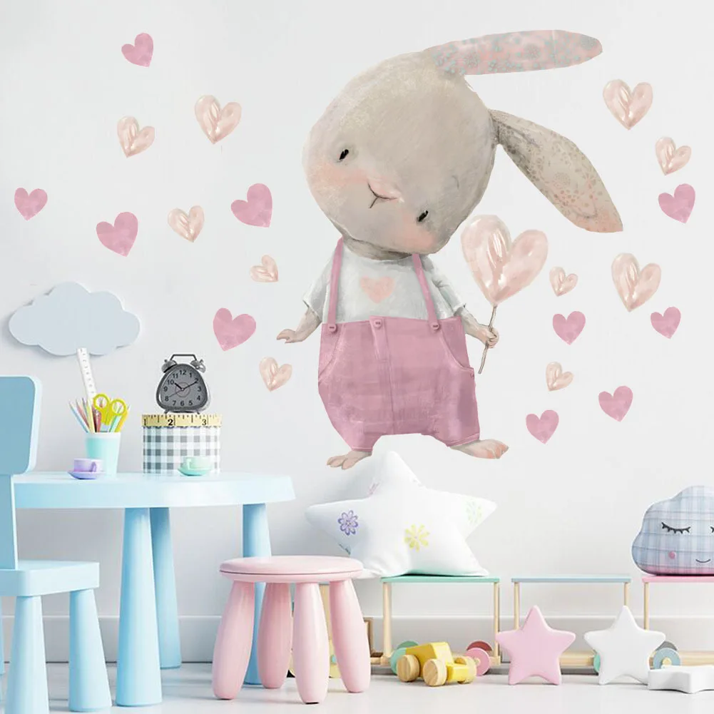 

Cute Bunny Heart Wall Stickers for Kids Rooms Girls Baby Room Decoration Nursery Kawaii Cartoon Animals Wallpaper Self-Adhesive