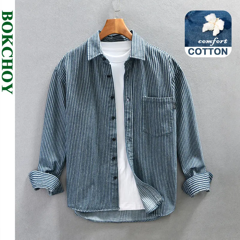 

2023 Spring New Striped Casual Shirts Men Retro Cotton Big Pockets Men Clothing Oversize AZ759
