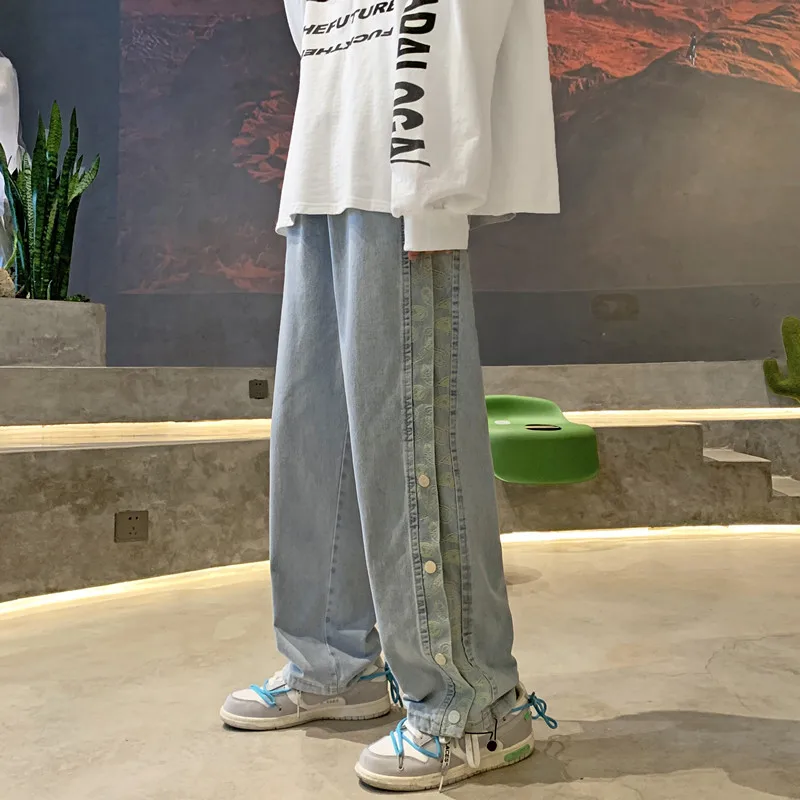 summer Side Buttons Jeans Men Harajuku Loose Classic Trousers Denim Straight Casual Streetwear Large Size S-3XL College Students