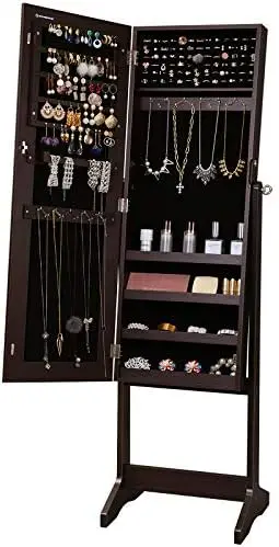

Jewelry Cabinet Armoire, Standing Full Body Larger Mirror, Lockable Jewelry Organizer, Brown UJJC69BR