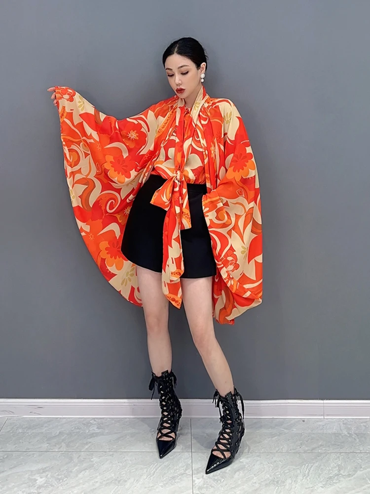 

XITAO Print Bandage Batwing Sleeve Shirts Loose Pullover 2023 Summer New Arrival Casual Fashion Temperament All Match HQQ0890