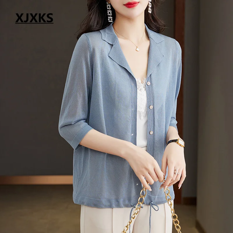 

XJXKS 2023 Spring And Autumn New Fashion Lapel Single-breasted Cardigan Women's Coat Comfortable Ice Silk Knit Jacket