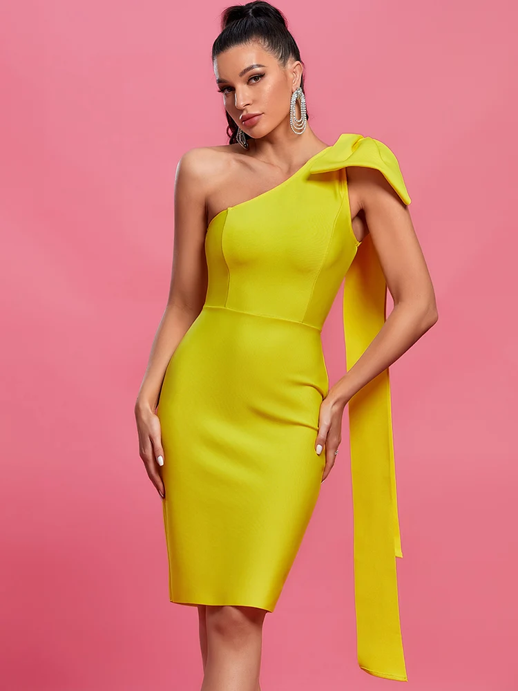 

Long Sleeve Bandage Dress Women Yellow Party Dress Bodycon Elegant Sexy One Shoulder Midi Evening Birthday Club Outfit 2023 New