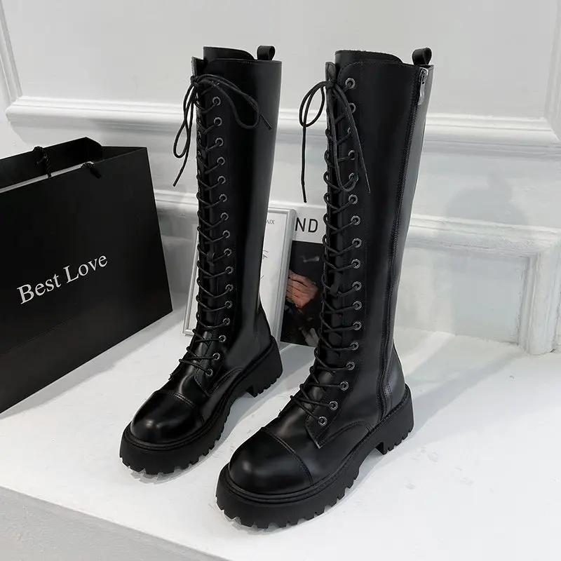 

Women Combat Boots Antumn 2022 Female High Platform Gothic Shoes Black Leather Boots Lace up Women Knee High Boots