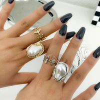 fashion ladies set open ring vintage irregular imitation pearl open adjustable ring baroque leaf knuckle ring charm jewelry