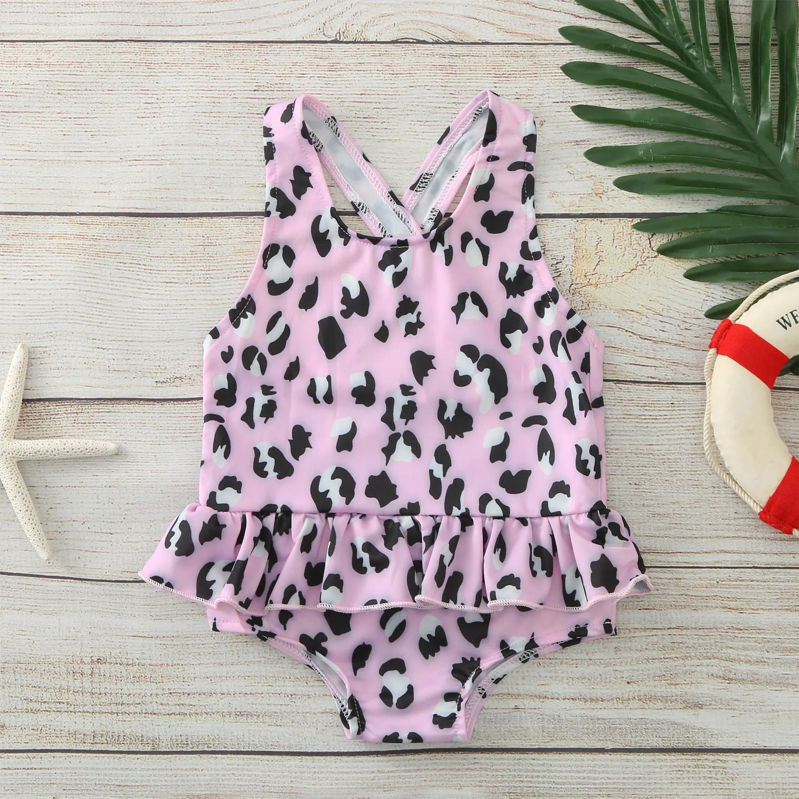 

Летний Цельный купальник для маленьких девочек, милый купальник без рукавов с леопардовым принтом и оборками, купальный костюм для девочек