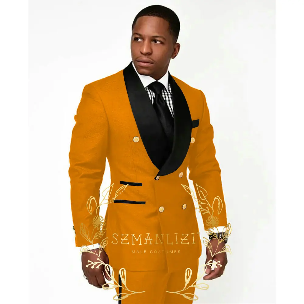 Фото Темно-синие мужские костюмы Slim Fit Groomsman с золотыми пуговицами, двубортный вечерний смокинг, костюмы жениха для мужчин, свадебный утренний блейзер №5