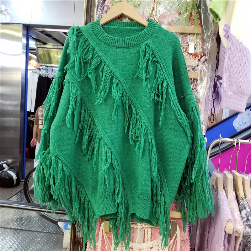 

SeeBeautiful Streetwear Tassel Stitching Knitted Loose Sweater O-neck Long Sleeve New Fashion 2022 Autumn Winter Woman Q718