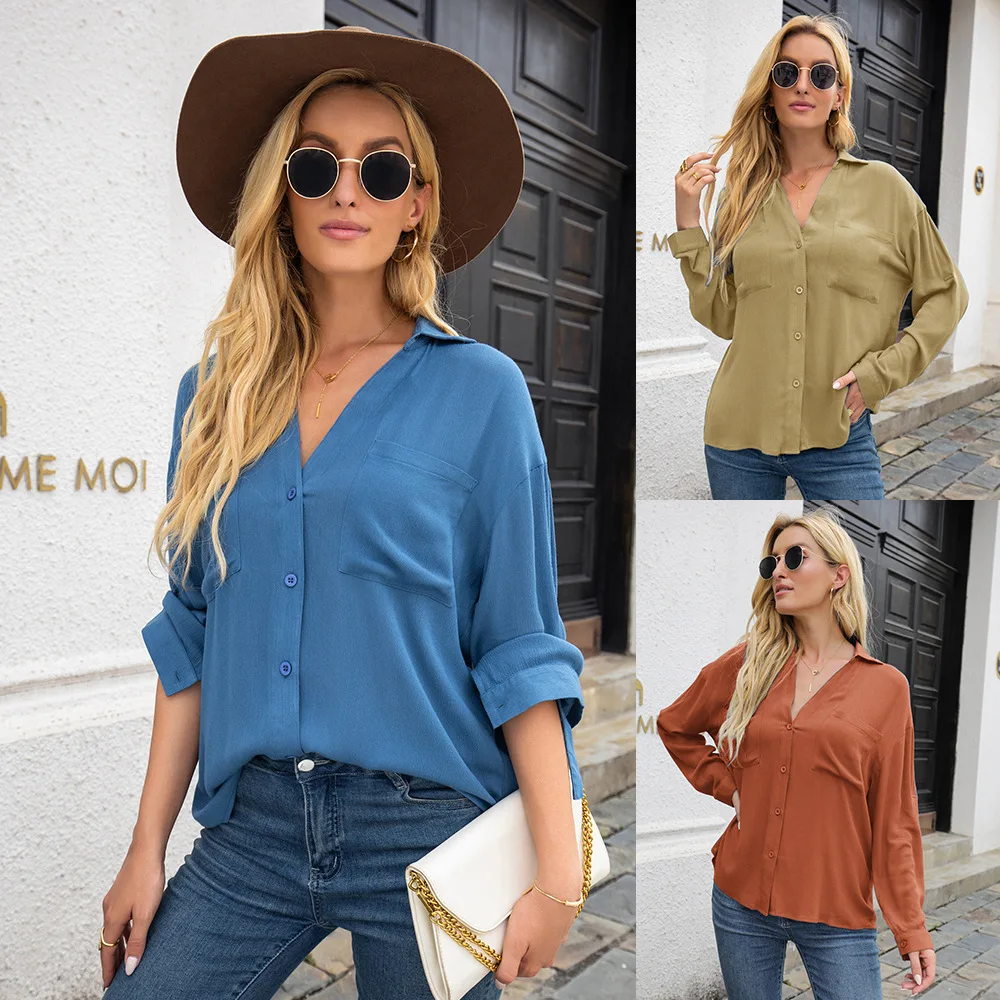 

2022 Spring Autumn Shirt Top Women's V Neck Outer Wear Solid Color T Shirt Casual Ol T Shirt Botton Up T Shirt