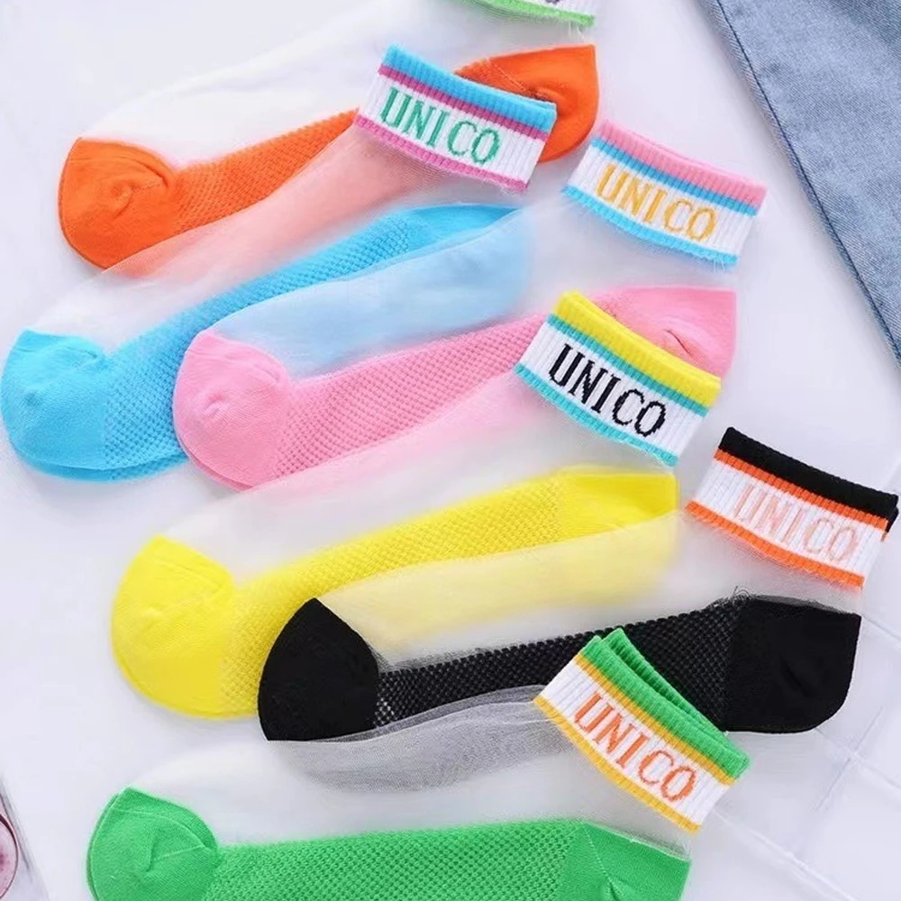 10 Pairs Japanese Fashion Crystal Sheer Socks Spring Summer Daisy Embroidered Socks Girl Ankle Socks Kawaii Transparent Socks