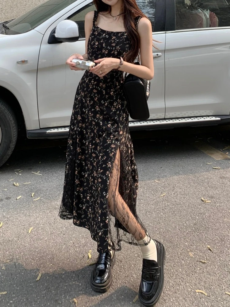 

Deeptown Y2k Vintage Black Floral Dress Women Korean Style Mesh Irregular Split One Piece Slip Long Chiffon Fairy Dresses Summer