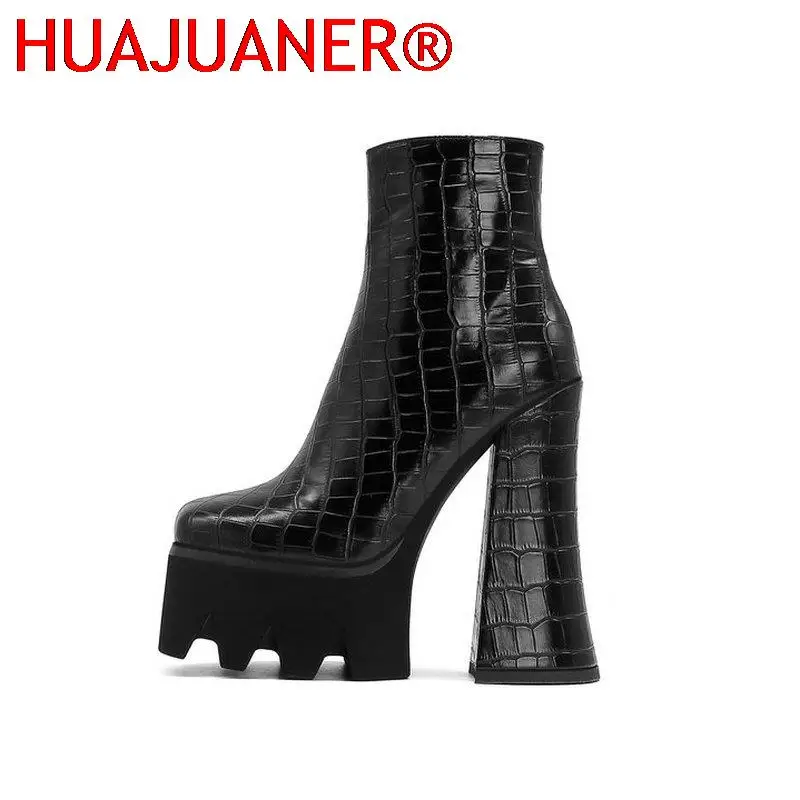 

Fashion Platform Super Square High Heel 15cm Women Ankle Boots PU Leather Zipper Women Motorcycle Boots Big Size 34-43