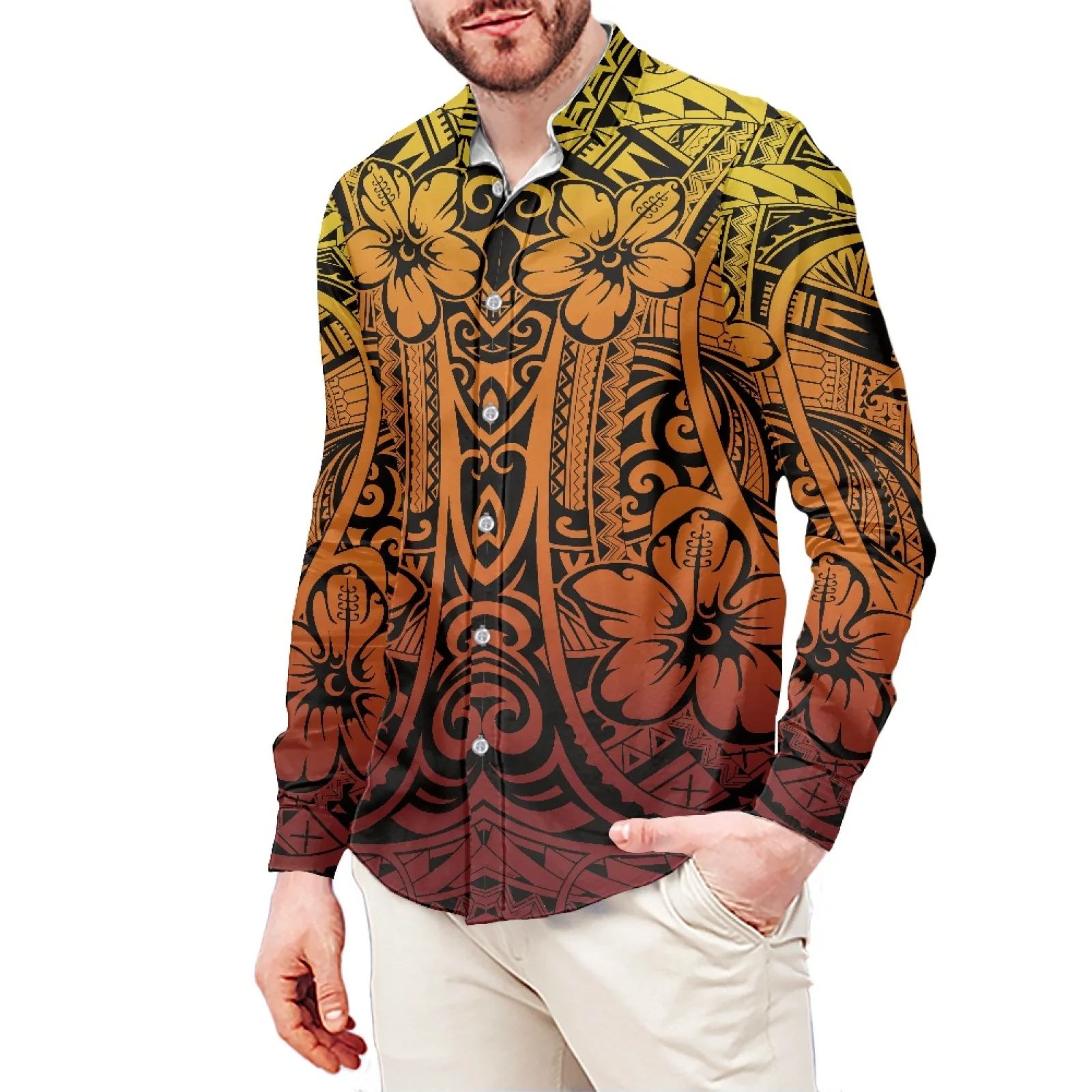 Orange Hibiscus print Polynesian Style Men's Shirt Stand-Up Collar Shirt 6XL Slim Long Sleeve Men's Shirt Men's Clothing