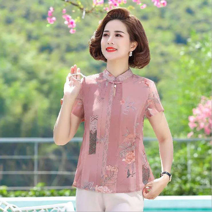 

2022 Short Sleeve Chiffon Shirt Retro Mother Clothes Summer New Middle-Aged Women'S Cheongsam Bottom Shirt Pullover Blouse