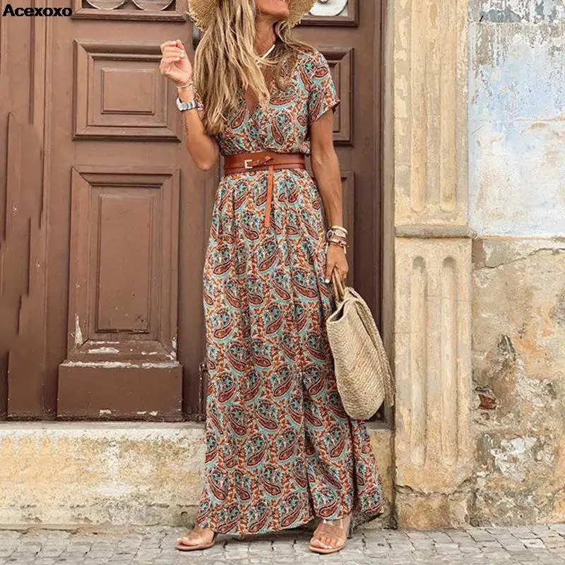 

2023 European and Bohemian style waist print dress