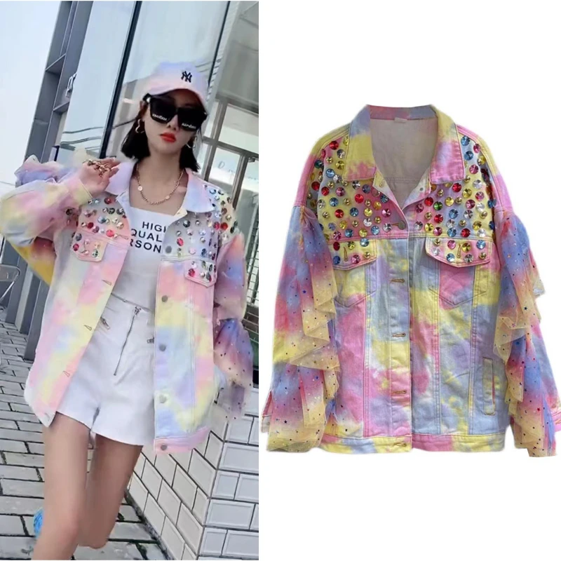 Fashion Loose Tie-Dye Denim Jacket Women Spring and Autumn Mesh Gradient Ramp Ruffled Colorful Rhinestone Streetwear Coat Female