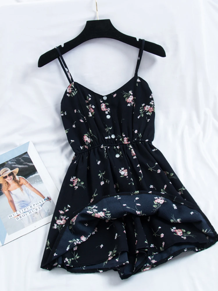 Women Sweet Floral Print Jumpsuits New 2020 Summer Sexy V Neck Spaghetti Strap Body Playsuit Woman Beach Chiffon Overalls Romper