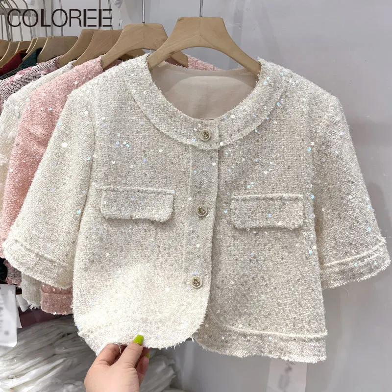 

Luxury Sequined Jaqueta Feminina 2023 Spring Autumn Elegant O-neck Short Sleeve Wool Coats Korean Style Chaquetas Para Mujeres
