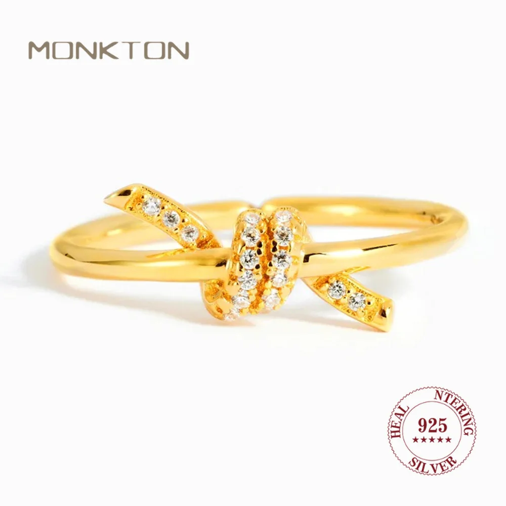 

Monkton Real S925 Sterling Silver Fine Rings Simple Bowknot Pattern Gold Plated Opening Adjustable Wedding Ring Bague Femme