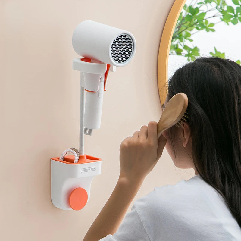 

Bathroom Hair Dryer Holder with Storage Rack for Universal Hairdryer 360 Degrees Rotation Wall Mount Punch-free Shelf Organizer