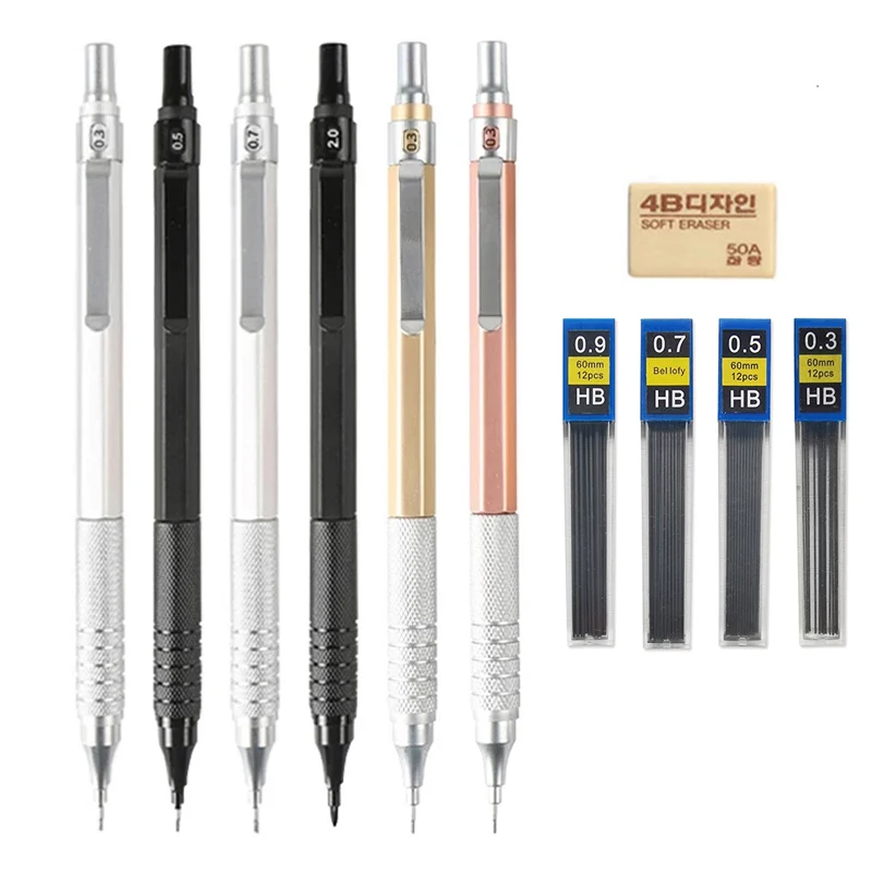 

Full Painting Black Art Refills Leads Sketch Mechanical Silver Pencils Set Gold Pencil With 0.3,0.5,0.7,2.0mm Metal Drawing