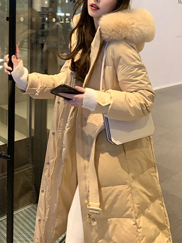2023 Winter Long Straight Down Jackets Coats Women Parka Fake Fur Collar Hooded Thick Coat Warm Female Outwear Down Jacket