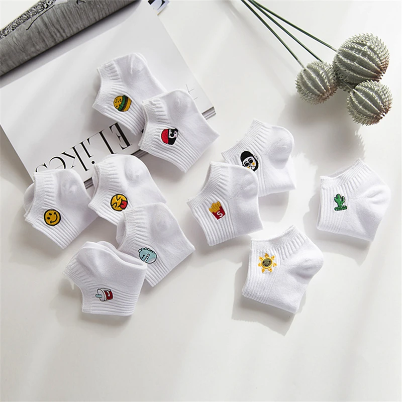 

Man White Harajuku Socks Unisex Summer Short Socks Hipster Skateboard Funny Ankle Socks Embroidery Coke Killer Cactus Monster