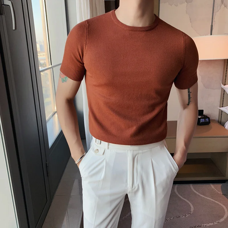 

2024 New Style Male Spring High Quality Shirt With A round Neck/Men's Slim Fit Casual Short Sleeve Knit Sweater S-4XL