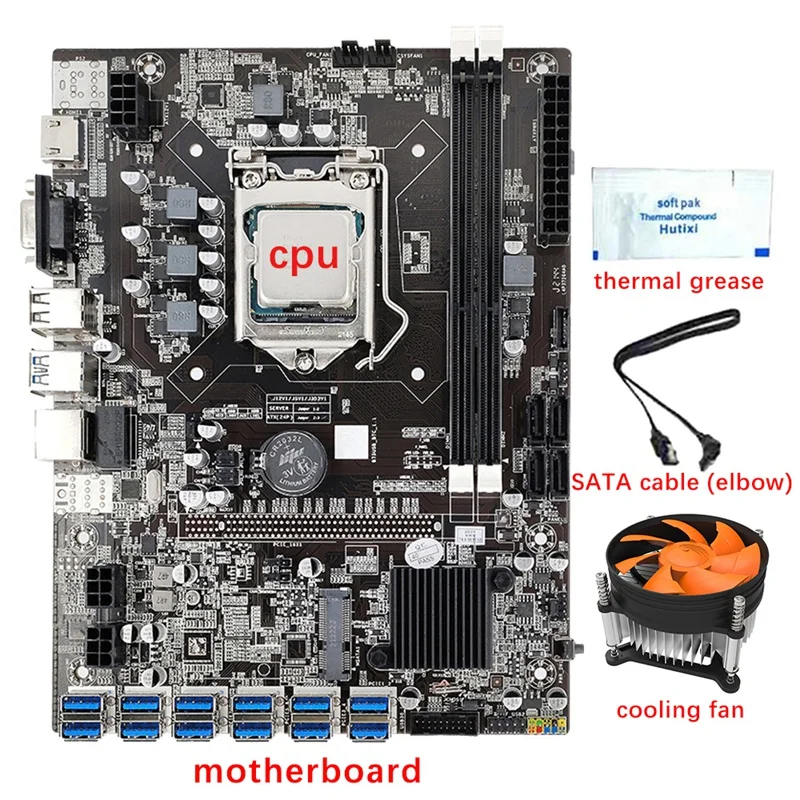 12 Cards B75 Mining Motherboard+CPU+Fan+Thermal Grease+SATA Cable 12 USB3.0 To PCIE 1X GPU Slot LGA1155 DDR3 RAM SATA3.0