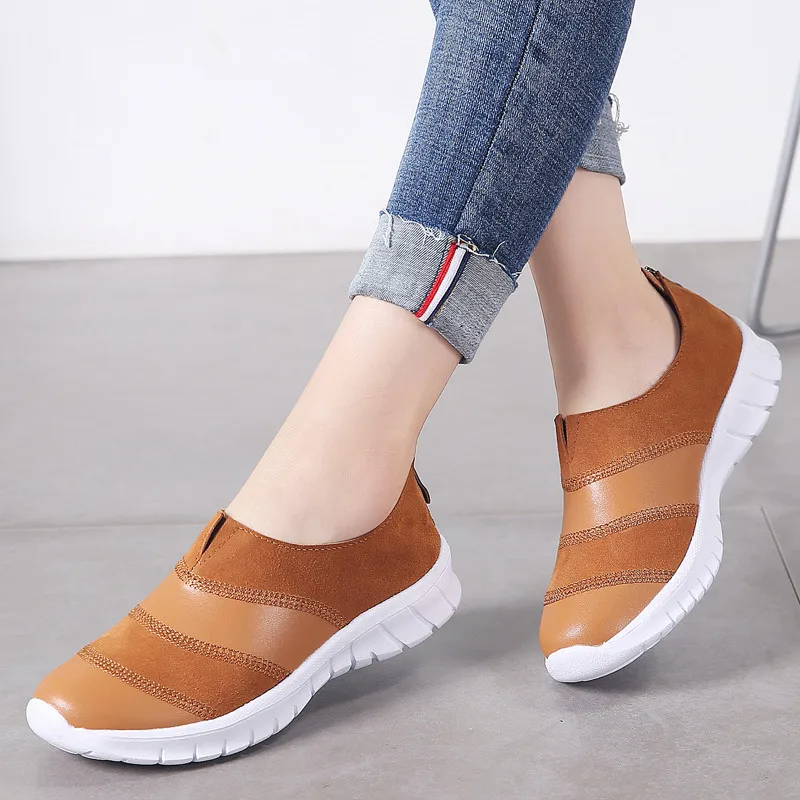 

Women Flats Shoes Genuine Leather Summer Woman Slip-on Zipper Lightweight Soles Casual Sneakers Ladies Loafers