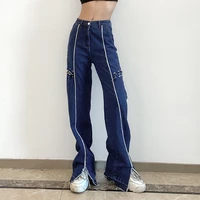 blue denim trousers women 2021 harajuku sexy bandage hollow out jeans pants patchwork split street aesthetic capris full length