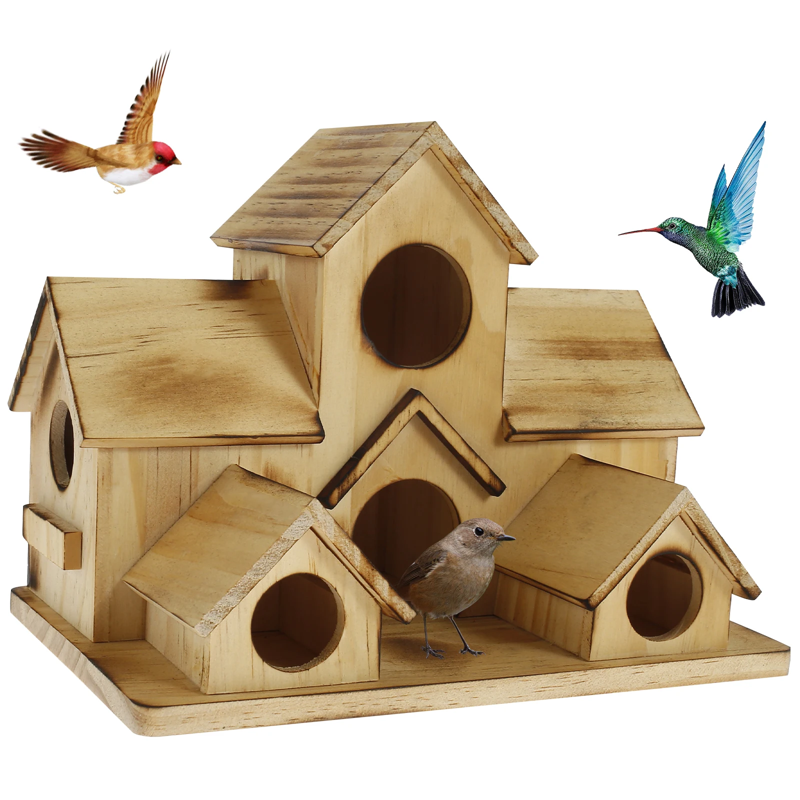 

Bird House with 6 Holes Handmade Wooden Birdhouse Hanging Bird Nesting Box Durable Bird House Hotel Large Bird House Portable