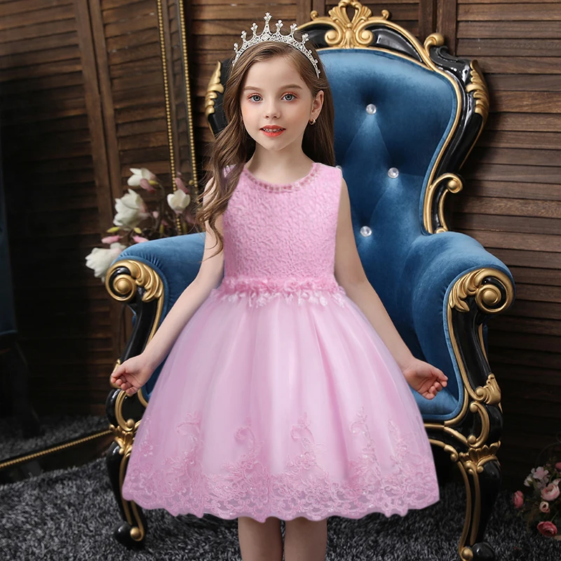 

Summer Children's Lace Sequins Embroidered Waist Three-Dimensional Flower Design Girl High-end Party Dress