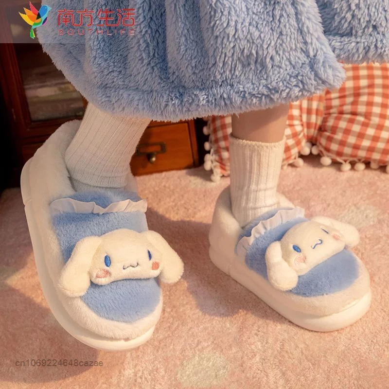 Sanrio Hello Kitty Plush Soft Bottom Non Slip Slippers Cotton Korean Style Kawaii Winter Slippers Thick Sole Warm Shoes Women
