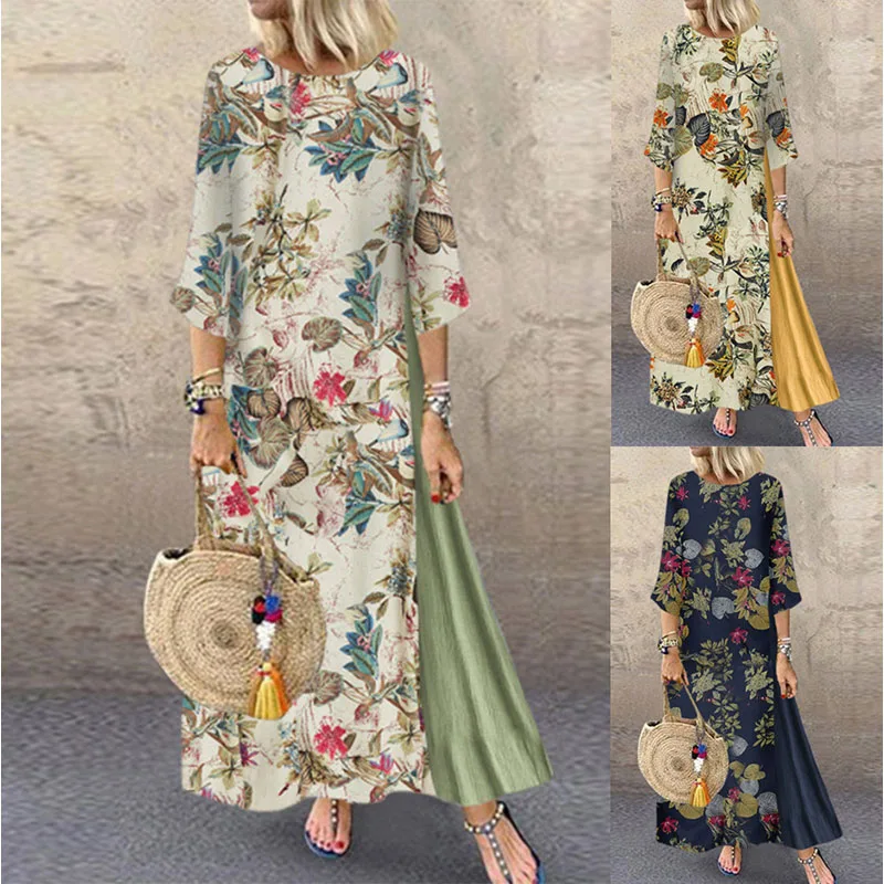 

2022 Spring Summer Fashion Flowers Print O Neck Women's Maxi Dress Vintage Casual Loose Three Quarters Patchwork Ladies Dresses