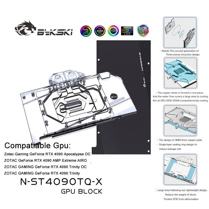 

Bykski 4090 Series GPU Water Cooling Block For ZOTAC GAMING RTX4090 Apocalypse OC,Liquid Cooler System,N-ST4090TQ-X