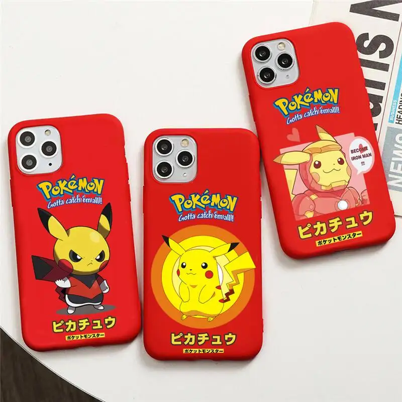 

Cartoon Anime Pikachu Phone Case For iphone 13 12 11 Pro Max Mini XS 8 7 6 6S Plus X SE 2020 XR Red Cover