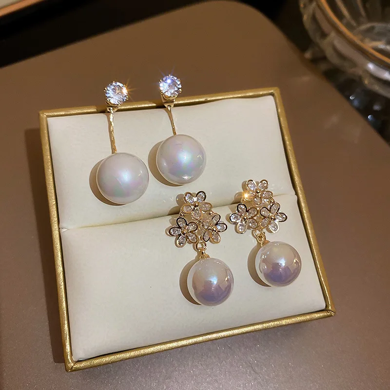 

Minar Elegant Oversize Simulated Pearl Earring for Women Sparkly CZ Zircon Flower Trumpet Long Dangle Earrings Bridal Jewelry