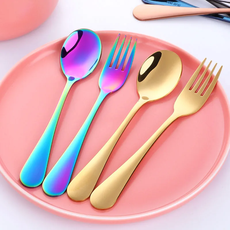 Portable Student Fork Spoon Set Colorful Stainless Steel Tab