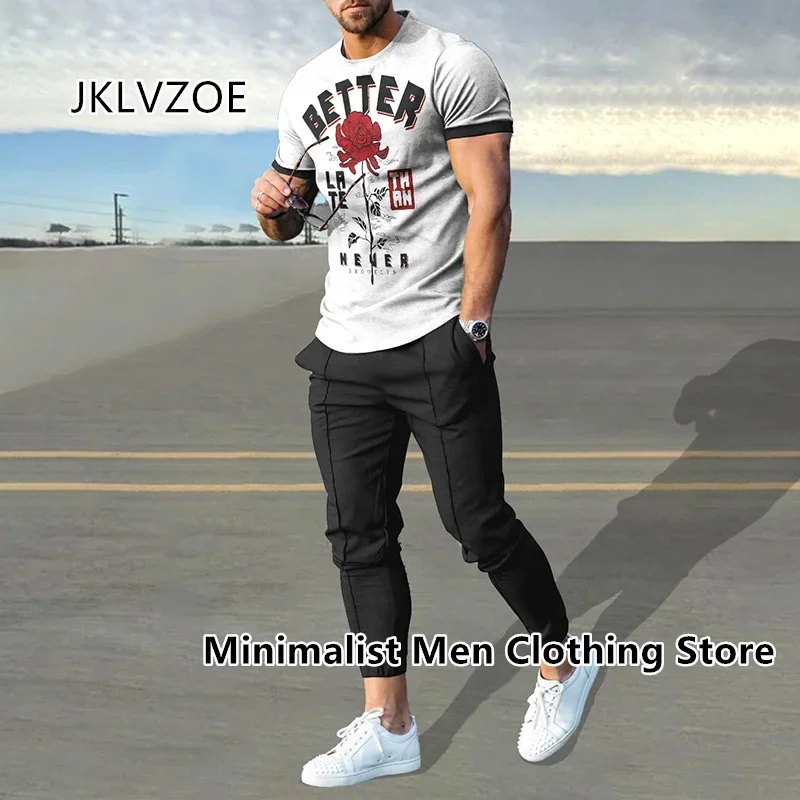 New Men's Tracksuit 2 Piece Set Letter 3D Printed Summer Sportswear Short Sleeve T Shirt+Long Pants Casual Oversized Clothes